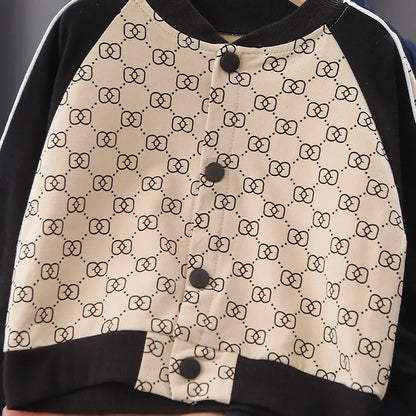 2022 Spring New Suit Boys Girls Baby Print Handsome Single-Breasted Children's Long-Sleeved Baseball Sshirt 2-Piece Set.