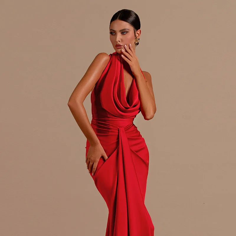 Sexy Swinging Collar Backless Pleated Long Dress Women Red Stain Sleeveless Draped Design Long Dress Club Party Women Maxi Dress