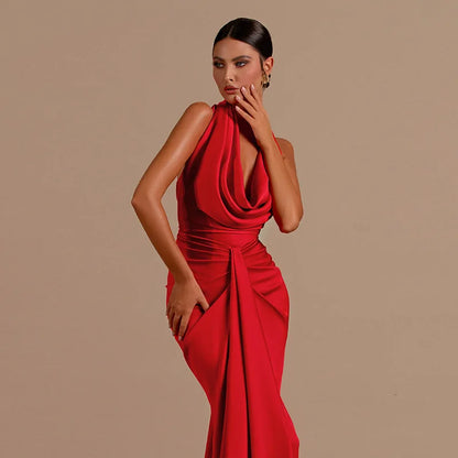 Sexy Swinging Collar Backless Pleated Long Dress Women Red Stain Sleeveless Draped Design Long Dress Club Party Women Maxi Dress