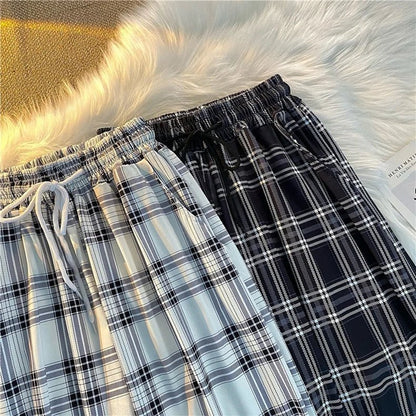 Hosen Frauen Neue Haufen füße Mode Lose Schwarz Plaid Sommer Harajuku Studenten Streetwear Harem Lange Hosen Frauen Chic.