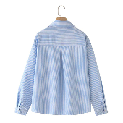 KAR&OT ZA Women's Clothing 2025 Summer New European and American Blue Striped Long-sleeved Lapel Short Shirt 2886909.