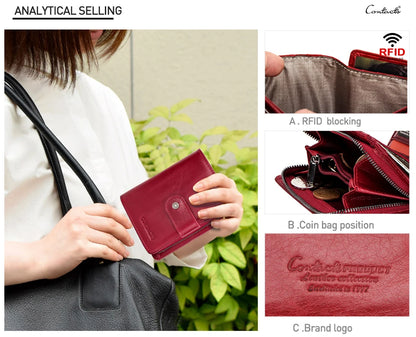 Contact'S Genuine Leather Wallets Women Men Wallet Short Small RFID Blocking Card Holder Wallets Ladies Red Coin Purse.