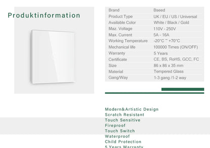 BSEED 1/2/3Gang Touch Licht Schalter Glas Panel 2Way Wand Schalter Led Ändern Schalter Blaue Hintergrundbeleuchtung EU Steckdosen USBC Port.