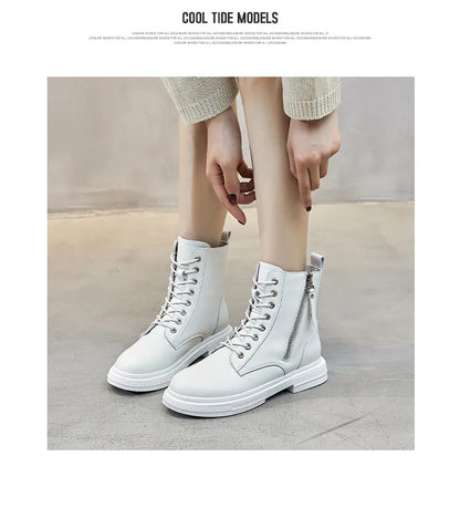 WOIZGIC Women's Ladies Genuine Leather Female Shoes Ankle Boots Platform Lace Up Warm Winter Autumn Fur Plush Motorcycle.