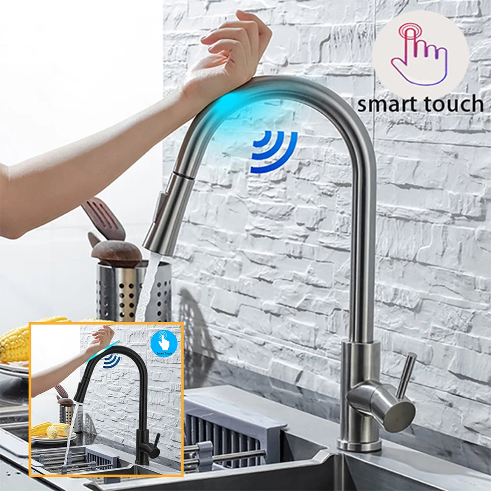 DQOK Küche Wasserhahn Ziehen Gebürstet Nickel Sensor Edelstahl Schwarz Smart Induktion Mixed Tap Touch Control Waschbecken Tap