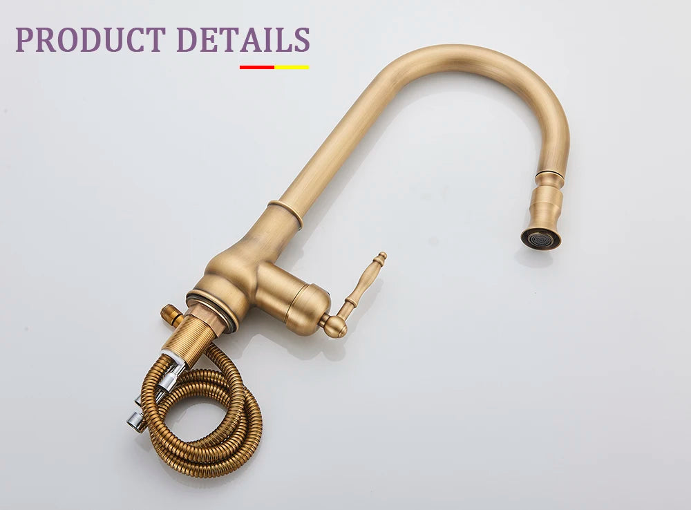 Antique Brass Kitchen Sink Faucet Pull Down Swivel Spout Kitchen Deck Mounted Bathroom Hot and Cold Water Mixers Tap