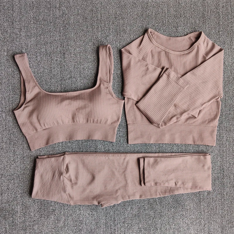 Women Seamless Fitness Yoga Suit Knitt Workout Long Sleeve Crop Top Sports Bra High Waist Running Leggings Gym Clothing 2/3Pcs