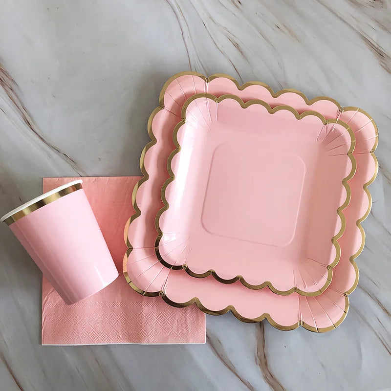 40pcs/set Yellow Green Pink Blue Paper Plates Cups Disposable Tableware Set for Wedding Birthday Party Baby Shower Supplies.