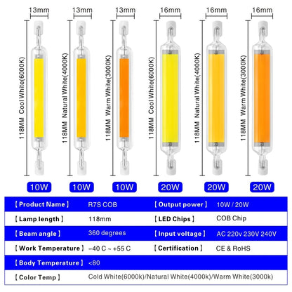 R7S LED 78mm 5W 8W R7S Spotlight 118mm 10W 20W 220V 230V 240V COB Lamp Bulb Glass Tube Replace 30W 50W 100W Halogen Lamp Light.