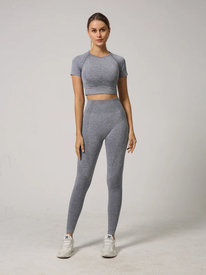 WAREBALL Seamless Yoga Set Women Workout Gym Clothes Fitness Short Sleeve Crop Top Shirt High Waist Leggings Pants Sports Suits.