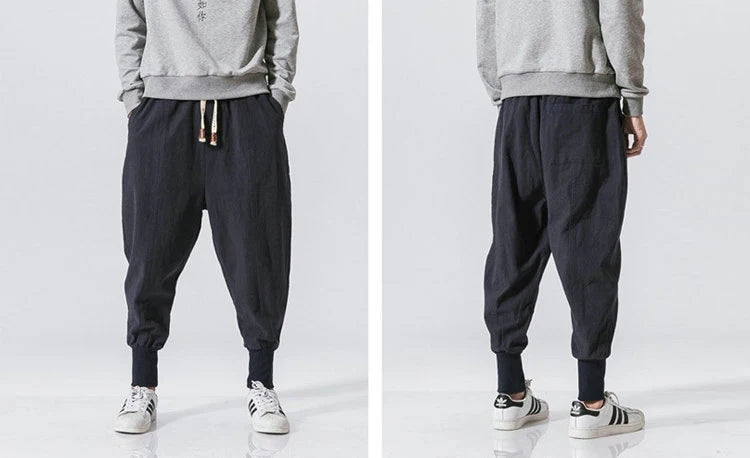 Cotton Linen Harem Pants Men Solid Elastic Waist Streetwear Joggers New Baggy Drop-crotch Pants Casual Trousers Men.