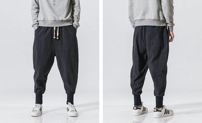 Cotton Linen Harem Pants Men Solid Elastic Waist Streetwear Joggers New Baggy Drop-crotch Pants Casual Trousers Men.