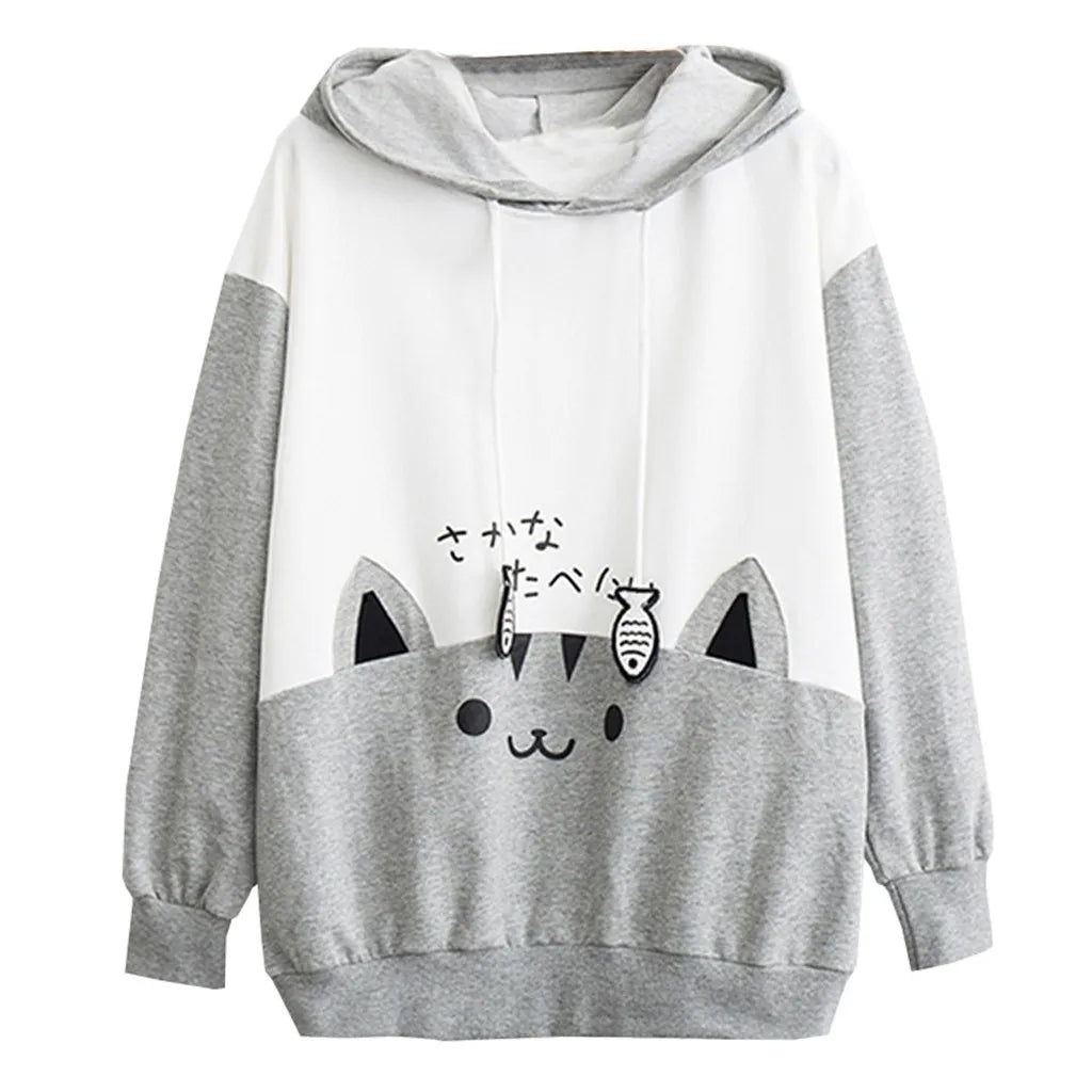 Spring Ladies Long Sleeve Cat Sweatshirt Womens Casual Kitty Cat Print Pocket Thin Hoodie Blouse Top Shirt худи женское платье.