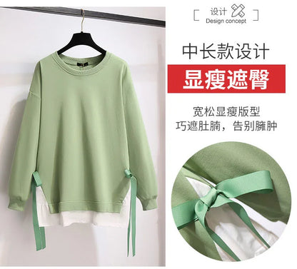 150Kg Plus Größe frauen Herbst Lose Oansatz Sweatshirts Fehlschlag 157cm 6XL 7XL 8XL 9XL 10XL Beiläufige Lange-ärmeln Gefälschte Zwei-stück Top