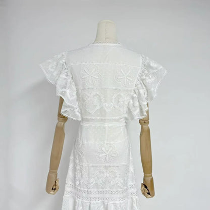 New Summer Elegant Embroidered Flowers Lotus Sleeves V-neck Woman Dress Lady Cotton Casual Dress.
