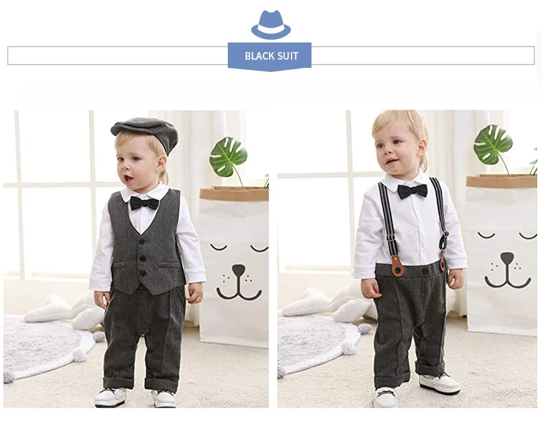 Newborn Boy Formal Clothes Set Infant Boy Gentleman Birthday Romper Outfit With Hat Vest Long Sleeve Infant Jumpsuit Suit Formal.