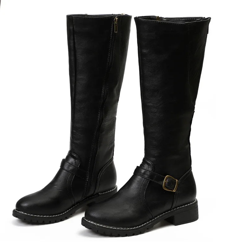 Women Knee High Boots Fashion Low Heels Square Platform Long Boots Brown Black Leather Zip Winter Women Warm Shoes Booties 69m.