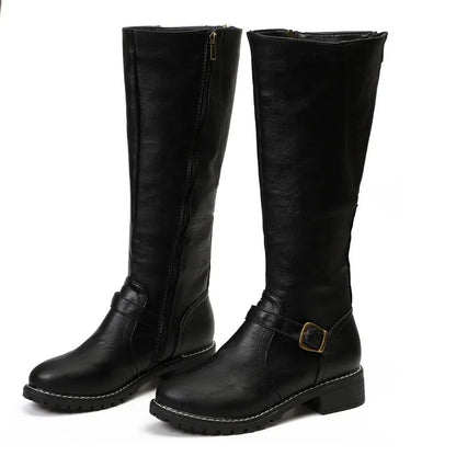 Women Knee High Boots Fashion Low Heels Square Platform Long Boots Brown Black Leather Zip Winter Women Warm Shoes Booties 69m.