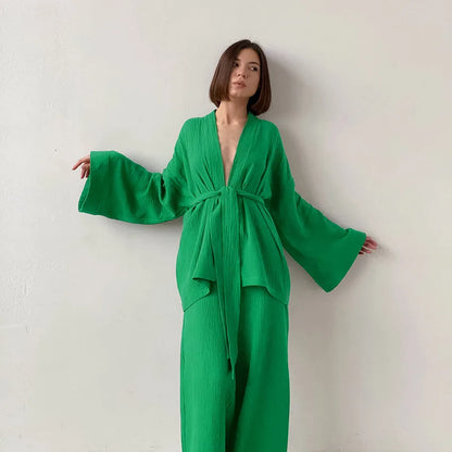NHKDSASA Kimono Pajamas 2023 New 100% Cotton Crepe Long-Sleeved Trousers Ladies Sleepwear Suit Women's Home Service Mujer