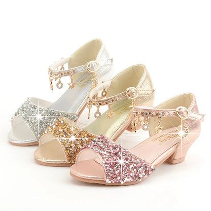 Girls Sandals Children Crystal Shoes 2023 Summer Kids Glitter Shoes High Heels Sequined Rhinestone Pendants Open Toes Princess.