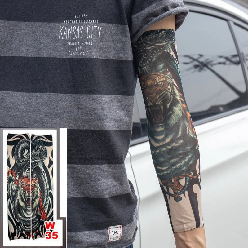 1pc hot sale tattoo sleeve  styles elastic Fake 100%nylon Arm stocking beloved girl Buddha Wolf Dragon design halloween cool men.