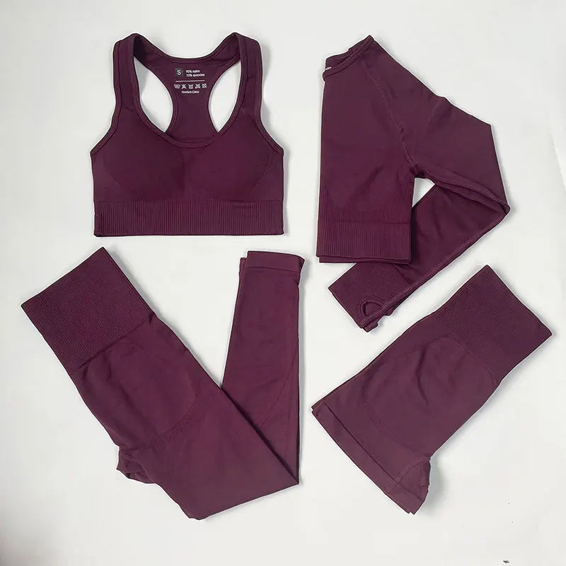 High Waist Elastic Seamless Yoga Wear Women Fitness Clothes Gym Clothing Workout Set Long Sleeve Crop Top Leggings Sports Suit