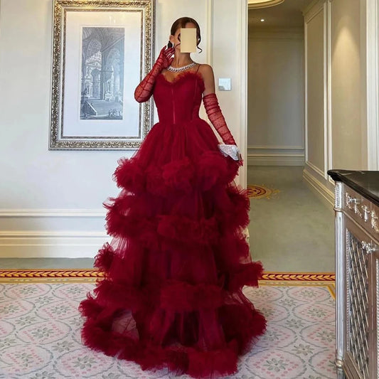 Arabic Burgundy Tulle Tiered Ruffles Evening Dresses With Gloves Pink Spaghetti Straps Wedding Party Gowns SF049-2