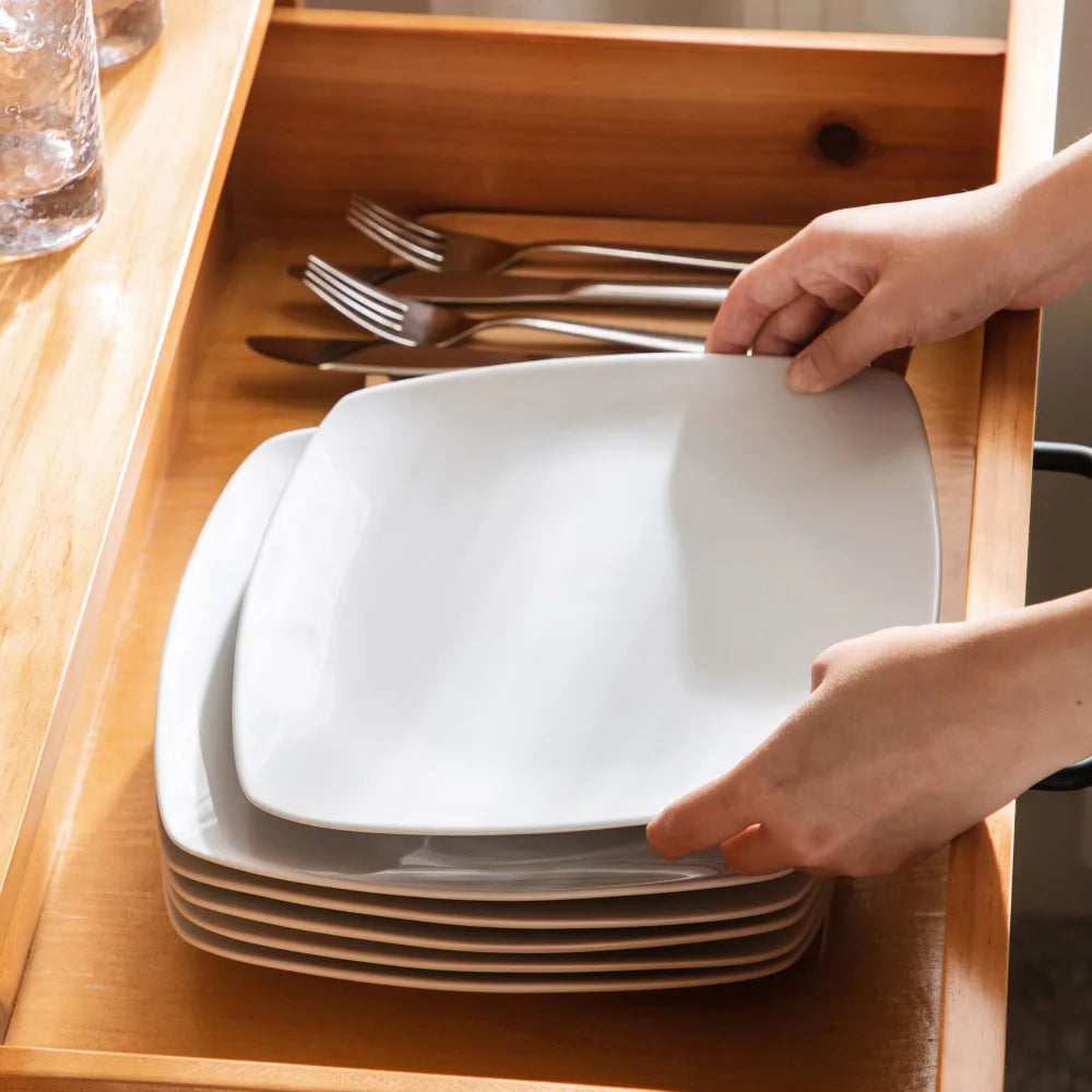 MALACASA 6/12 Piece White Square Porcelain Dinner Plate Set Dessert Plate Salad Fruit Beef Flat Plate Set (23.5 * 23.5 * 2cm).