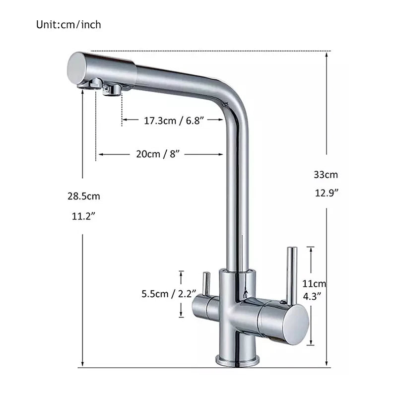Filter Kitchen Faucet Chrome Drinking Pure Water Kitchen Tap Deck Mounted Dual Handles 3-Ways Hot and Cold Water Mixer