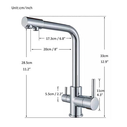 Filter Kitchen Faucet Chrome Drinking Pure Water Kitchen Tap Deck Mounted Dual Handles 3-Ways Hot and Cold Water Mixer