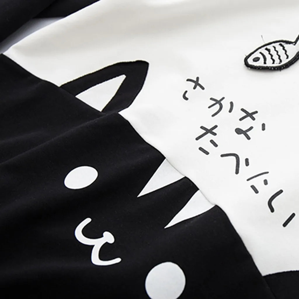 Spring Ladies Long Sleeve Cat Sweatshirt Womens Casual Kitty Cat Print Pocket Thin Hoodie Blouse Top Shirt худи женское платье.