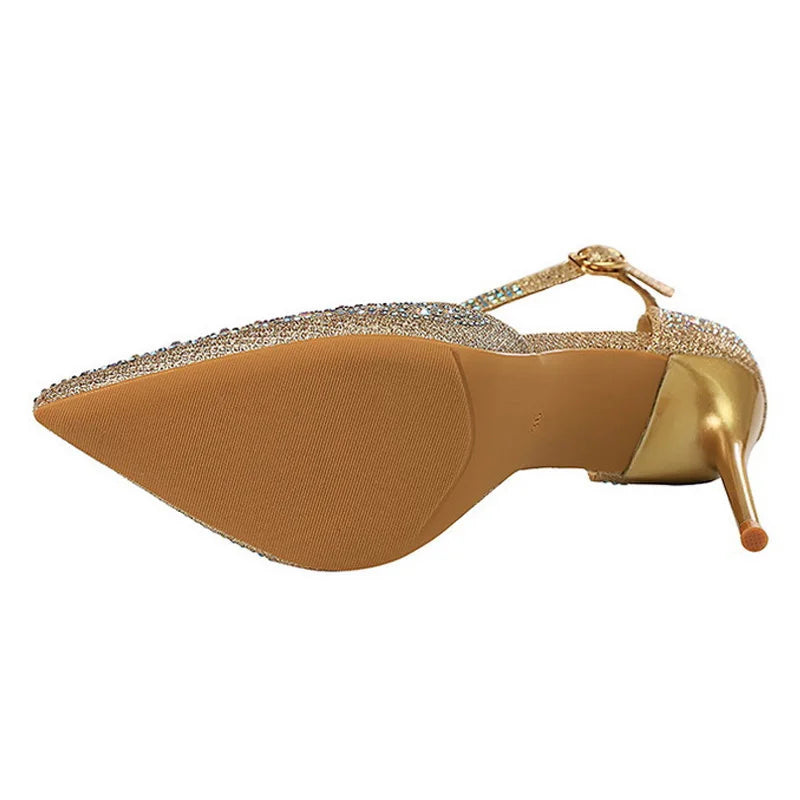 BIGTREE Shoes Shiny Rhinestones High Heels Ladies Shoes Women Pumps Stiletto Sweet Women Heels Wedding Shoes Women Sandals 10 Cm.