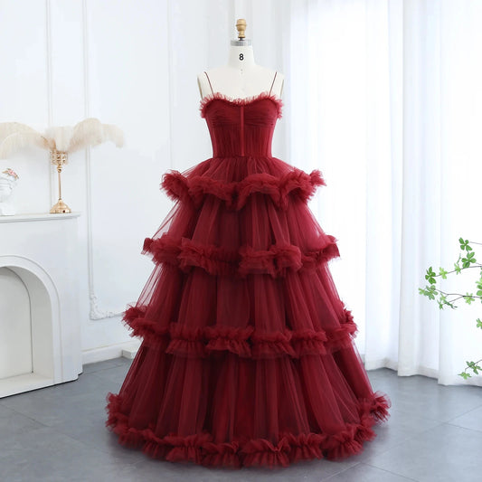 Arabic Burgundy Tulle Tiered Ruffles Evening Dresses With Gloves Pink Spaghetti Straps Wedding Party Gowns SF049-2
