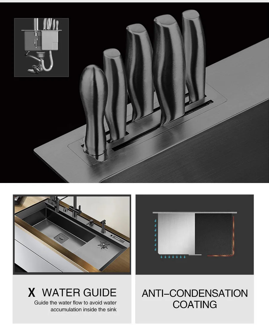 ASRAS New Nanometer Large Size Single Cup Rinser Kitchen Sink 4mm Thickness 220mm Depth With Drain Plate Knife Holder Sinks