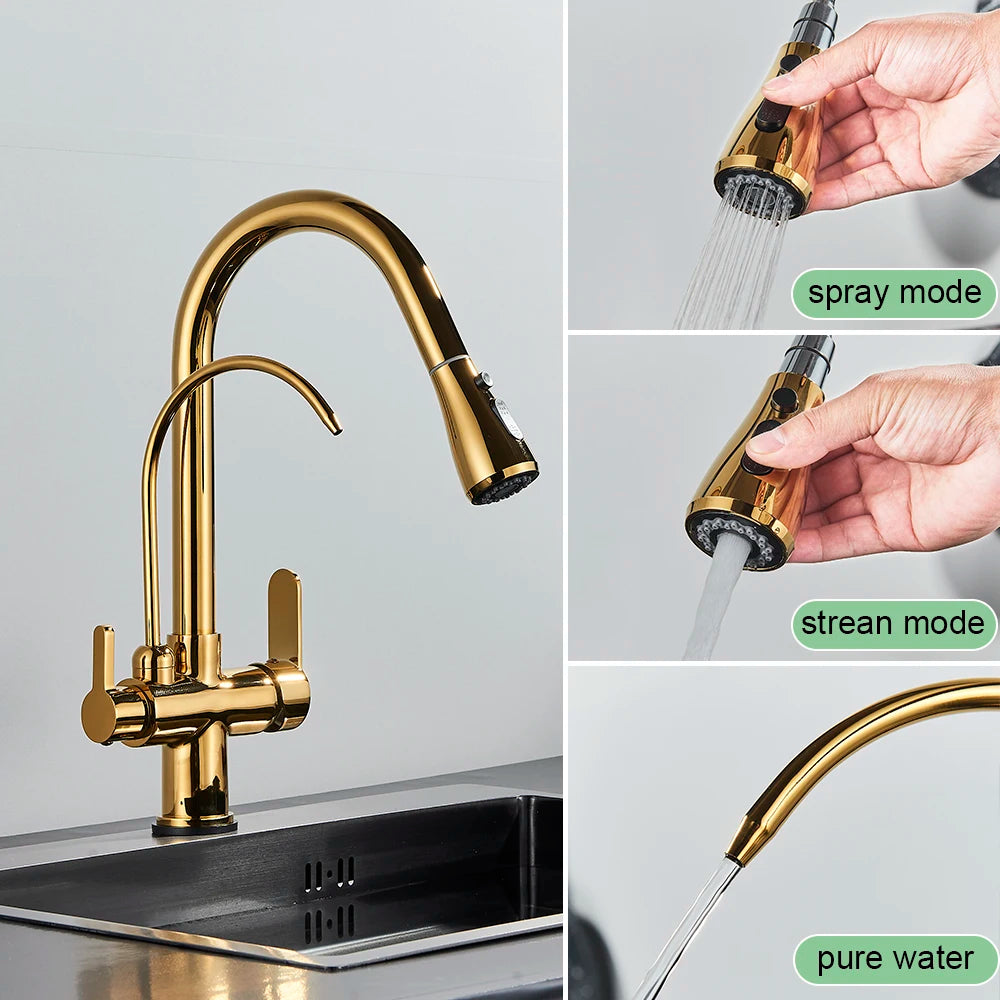 Antique Kitchen Sink Pure Faucet Pull Out Spout Hot Cold Mixer Taps Deck Mount Hot Cold Mixer Taps Purification Kitchen Crane