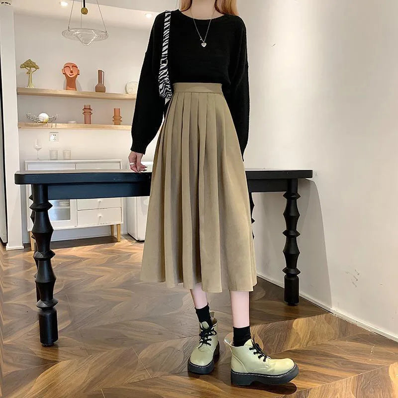 Lucyever Vintage Brown High Waist Pleated Skirt Women Korean Fashion College Style Long Skirt Ladies Autumn Casual A line Skirts.