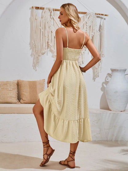 2025 Summer Casual V-neck Solid Color Hollowed-out Straps Dress Fashion Maxi Dress.