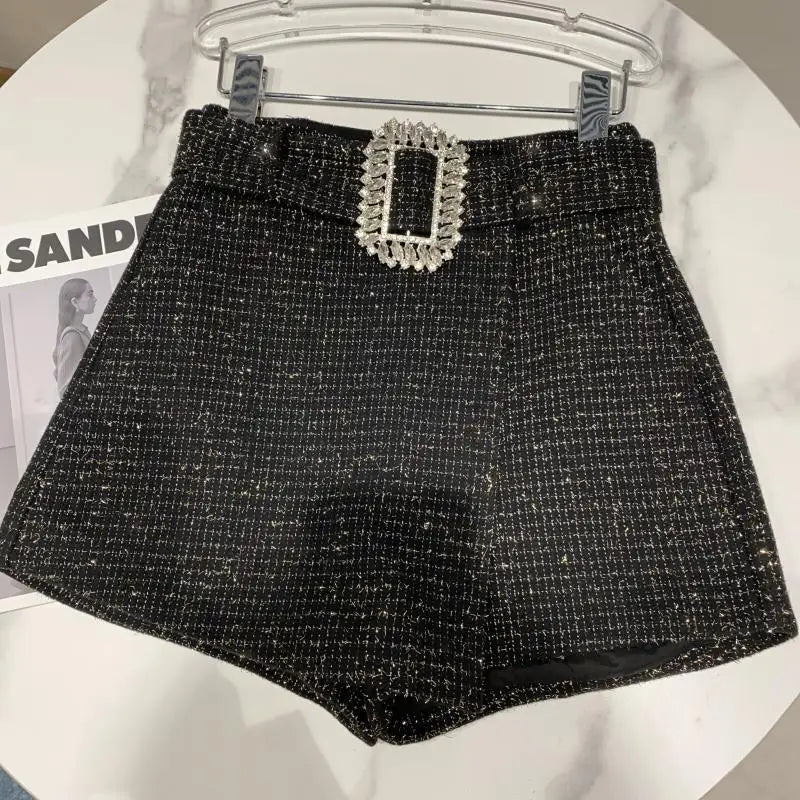 2022 Spring Autumn New shiny sequins Plaid Shorts with Belt for Lady Rhinestone Bright Silk Tweed Folding Short Boots Women