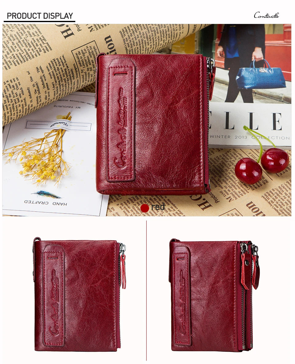 CONTACT'S Genuine Leather Short Wallets for Women Luxury Designer Coin Purse Female Money Clip Card Holder Customize Men Wallets.