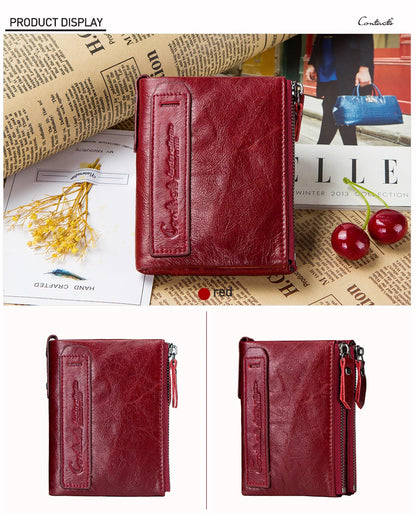 CONTACT'S Genuine Leather Short Wallets for Women Luxury Designer Coin Purse Female Money Clip Card Holder Customize Men Wallets.