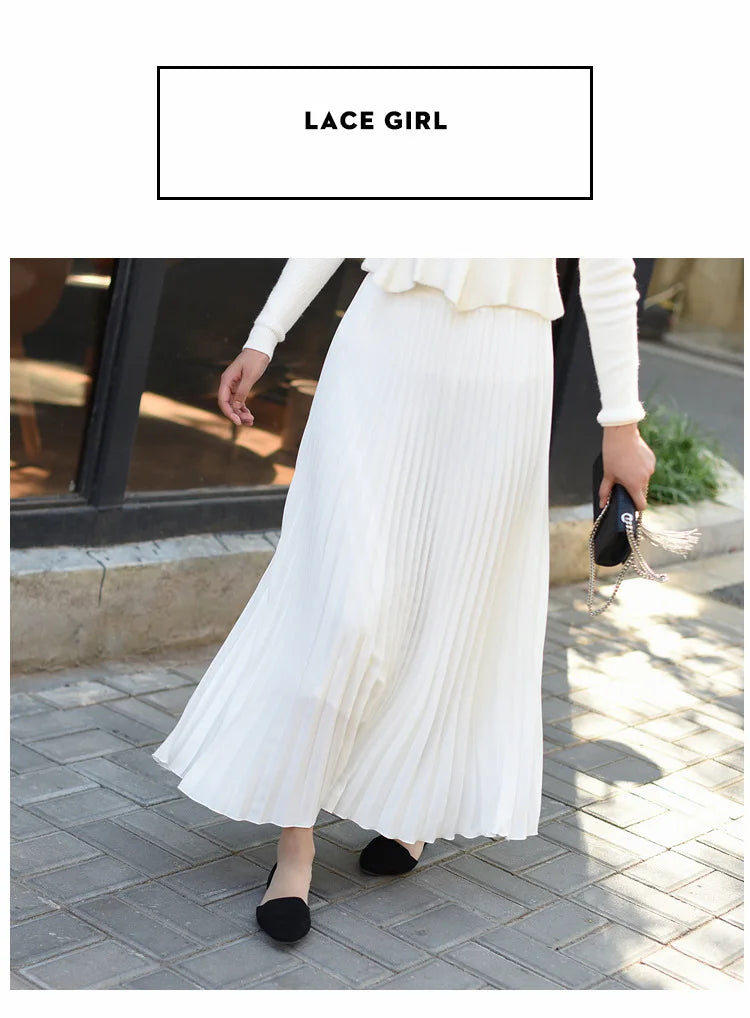 Classical Women Pleated Skirt 90cm/80cm Long Female Elastic Waist Skirt Big Size Velvet Pleated Skirt for Winter Ankle-Length