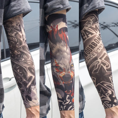 3PCS/lot new mixed 100%Nylon elastic Fake temporary tattoo sleeve skull wolf totem dragon designs body Arm stockings cool men.