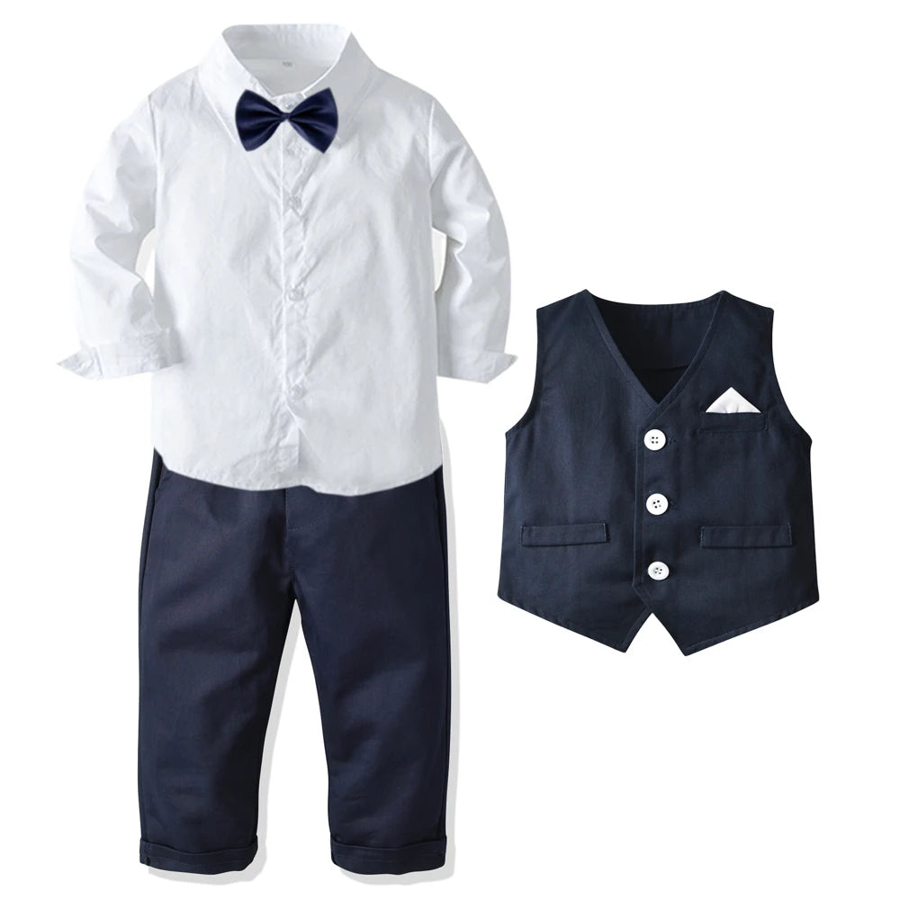 Formal Birthday Boy Outfits Cotton Kid Clothes Set Toddler Long-sleeved Shirt with Bow Tie + Vest + Trouser Suit Boys Party Wear.
