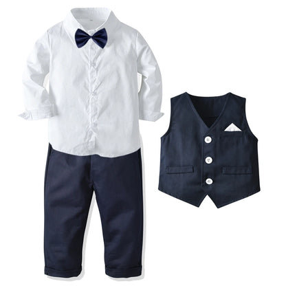 Formal Birthday Boy Outfits Cotton Kid Clothes Set Toddler Long-sleeved Shirt with Bow Tie + Vest + Trouser Suit Boys Party Wear.