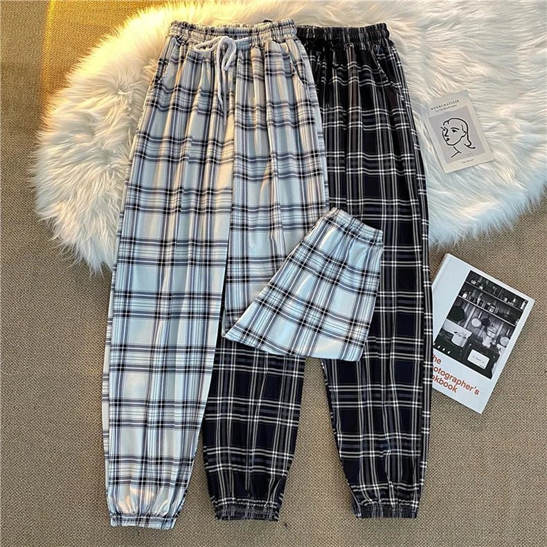 Hosen Frauen Neue Haufen füße Mode Lose Schwarz Plaid Sommer Harajuku Studenten Streetwear Harem Lange Hosen Frauen Chic.