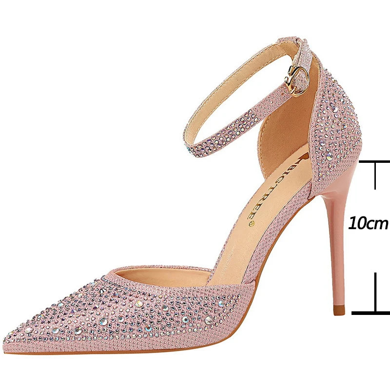 BIGTREE Shoes Shiny Rhinestones High Heels Ladies Shoes Women Pumps Stiletto Sweet Women Heels Wedding Shoes Women Sandals 10 Cm.