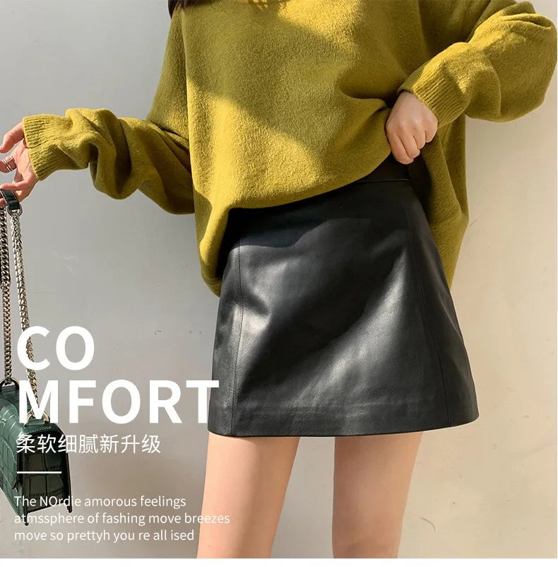 Sheepskin Leather Skirt Women 2024 Fashion New High Waist Skirt Spring Autumn Slim Mini Skirt Genuine Leather Shorts Boots Y2k.