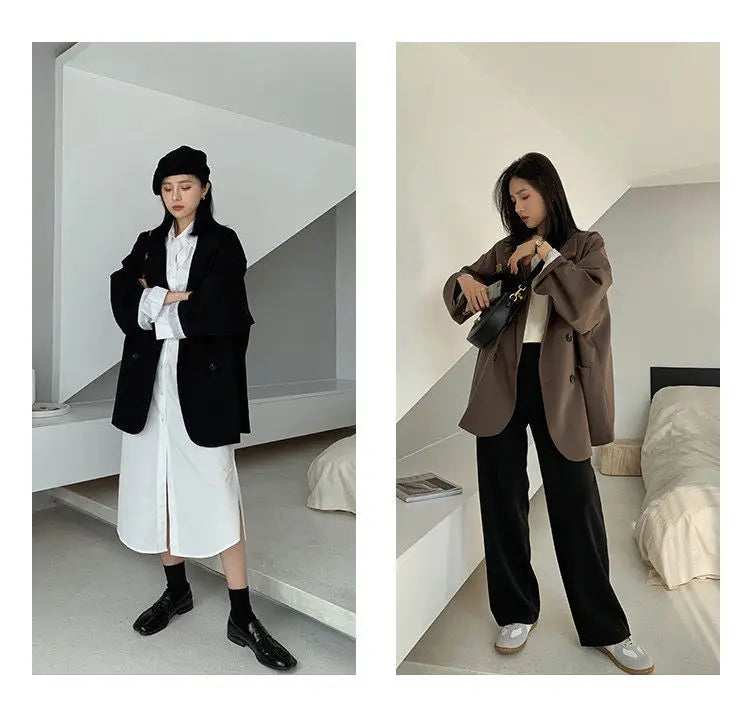 Neue 2025, Vintage Lose Frauen Solide Blazer Herbst Chic Zweireiher Weibliche Lange Hülse Anzug Jacken Stilvolle Damen Blazer