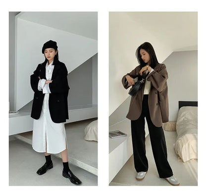 Neue 2025, Vintage Lose Frauen Solide Blazer Herbst Chic Zweireiher Weibliche Lange Hülse Anzug Jacken Stilvolle Damen Blazer