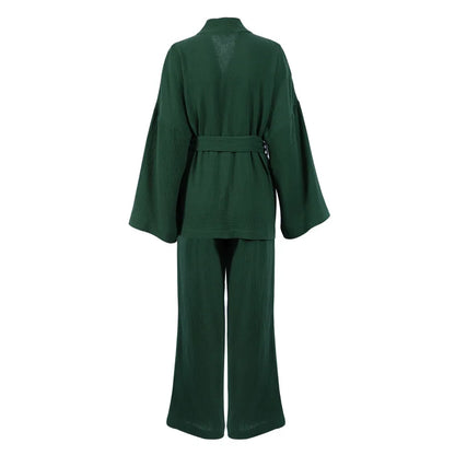 NHKDSASA Kimono Pajamas 2023 New 100% Cotton Crepe Long-Sleeved Trousers Ladies Sleepwear Suit Women's Home Service Mujer